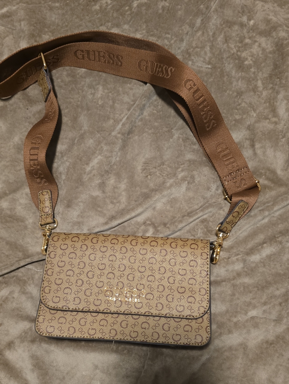 GUESS Tan Signature Crossbody Bag with Branded Strap